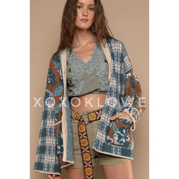 POL Choco Blue Floral Plaid Berber Fleece Button Down Cardigan - Picture 7 of 16